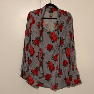 Retrolicious Striped Neck-tie Blouse with Red Rose Print
